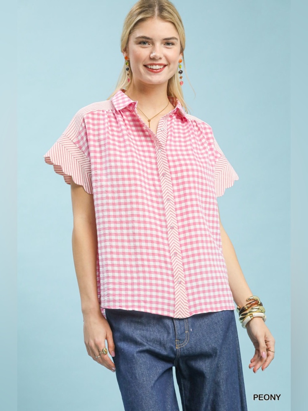 Umgee Mixed Gingham Shirt 💗 Peony Pink | Short Sleeve Button Down | Casual Chic